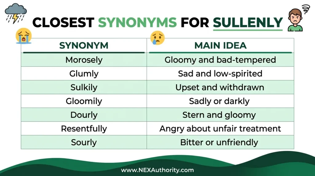 Synonyms for Sullenly