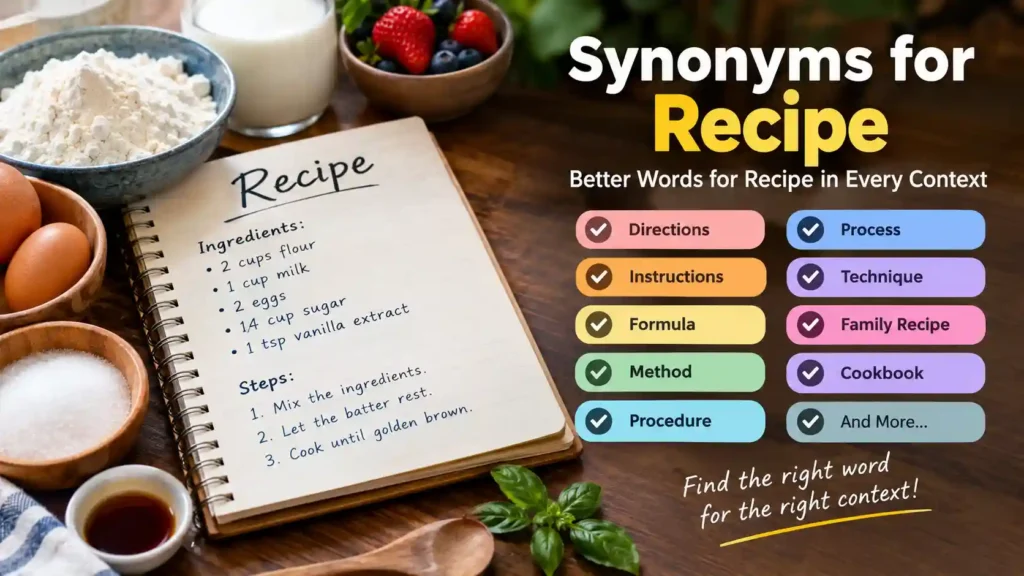 Synonyms for recipe: discover the right words for cooking instructions, methods, formulas, and family recipes.