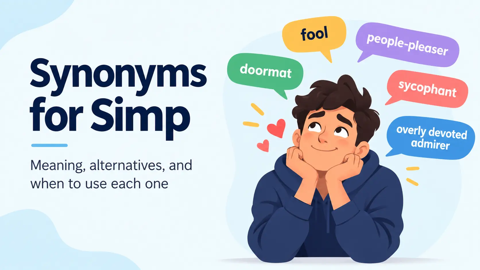 Synonyms for Simp: 30 Words and Their Meanings Meta Description: Explore synonyms for simp, including fool, admirer, people-pleaser, and sycophant. Learn their meanings, differences, examples, and antonyms. Description character count: 138 URL Slug: synonyms-for-simp Author: Qaiser Abbas Synonyms for Simp: 30 Words and Their Meanings Synonym for Simp means a foolish person or someone who shows excessive attention, admiration, or submission toward another person, often because of romantic attraction. The closest alternatives depend on the intended meaning: fool, simpleton, people-pleaser, sycophant, and overly devoted admirer. The word is informal slang and can sound insulting when used to criticize someone's romantic behavior. Choose fool or simpleton when describing someone as foolish, people-pleaser when someone tries too hard to satisfy others, and sycophant when someone flatters another person for approval or personal gain. Fool — a person acting without good judgment. Simpleton — someone considered unintelligent or easily fooled. People-pleaser — someone who prioritizes others' approval. Sycophant — someone who flatters influential people. Overly devoted admirer — someone displaying excessive admiration. Doormat — someone who accepts unfair treatment. Groveler — someone who begs for another's approval. Adulator — someone who expresses excessive admiration. Simp Synonyms and Antonyms: Quick Comparison The table distinguishes close alternatives from words that overlap with only one meaning of simp. No single word captures every meaning of the slang term. Synonym Meaning Best for Fool Person acting without good judgment General foolishness Simpleton Person considered unintelligent The traditional meaning People-pleaser Person eager to satisfy others Approval-seeking behavior Sycophant Person who flatters for advantage Excessive flattery Overly devoted admirer Person showing excessive admiration Romantic or celebrity admiration Doormat Person who tolerates mistreatment Weak personal boundaries Groveler Person who begs for approval Humiliating submission Adulator Person expressing excessive praise Over-the-top admiration Bootlicker Person who flatters authority Servile behavior Brown-noser Person seeking favor through praise Informal criticism Sucker Person easily deceived or exploited Being taken advantage of Lapdog Person who obeys another submissively Dependence or obedience Lackey Person who serves another unquestioningly Subservience Flatterer Person who praises to please Insincere compliments Servile person Person excessively submissive Formal descriptions Submissive admirer Admirer who yields excessively Romantic devotion Lovesick fool Person behaving foolishly in love Romantic situations Hopeless romantic Person who strongly idealizes romance Romantic idealism Admirer Person who likes or respects someone Neutral admiration Devotee Person deeply committed to someone or something Strong admiration Fanboy Enthusiastic male fan Fandom and online culture Fangirl Enthusiastic female fan Fandom and online culture Stan Extremely enthusiastic fan Internet slang Suck-up Person who flatters to gain favor Casual criticism Bootlicker Person who excessively pleases authority Strong criticism Fawning admirer Person who praises excessively Overdone admiration Lapdog admirer Admirer who acts submissively Informal criticism Pushover Person easily persuaded or controlled Weak boundaries Wimp Person perceived as weak Insulting descriptions Simp-like admirer Admirer displaying excessive devotion Informal explanations Fool and simpleton are close synonyms for the traditional meaning of simp as a foolish person. They do not fully capture the modern romantic or internet-slang meaning. The other terms are near-synonyms, not interchangeable replacements. For example, an admirer may express affection without being submissive, while a sycophant usually flatters someone to gain favor. What Does Simp Mean? Simp is an informal American English word used as both a noun and a verb. Its meaning depends on context. What Does Simp Mean as a Noun? As a noun, simp can describe a foolish person or someone perceived as excessively attentive, submissive, or devoted to a romantic interest. Example: His friends jokingly called him a simp because he canceled his plans whenever his crush contacted him. The term often carries a negative tone. However, some people use it humorously to describe their own strong admiration for a partner, celebrity, or fictional character. What Does Simp Mean as a Verb? As a verb, to simp means to show excessive devotion, attention, or admiration toward someone. The verb commonly appears in the construction simp for someone. Expressions such as simps for, simping for, and simped for describe different forms of the same behavior. Example: He openly admitted that he simps for his favorite singer. Simp Word Card Feature Details Word Simp Part of speech Noun and verb US pronunciation /sɪmp/ UK pronunciation /sɪmp/ Register Informal slang Common plural Simps Present participle Simping Simple past Simped Common construction Simp for someone Related word Simpleton What Are the 30 Best Synonyms for Simp? The following alternatives cover foolishness, romantic devotion, excessive flattery, and submissive behavior. Each word has a distinct meaning, so choose the one that fits your intended message. 1. Fool Tier: Exact synonym for the traditional meaning. Meaning: A person who acts without good judgment or behaves unwisely. Tone: Informal and potentially insulting. Example: He felt like a fool after spending all his savings to impress someone he barely knew. 2. Simpleton Tier: Exact synonym for the traditional meaning. Meaning: A person regarded as unintelligent or easily fooled. Tone: Dismissive and old-fashioned. Example: The character was portrayed as a simpleton who believed every promise he heard. 3. People-Pleaser Tier: Near-synonym. Meaning: Someone who tries hard to make others happy or gain their approval. Tone: Neutral to mildly critical. Example: As a people-pleaser, she found it difficult to say no to her friends. 4. Sycophant Tier: Near-synonym. Meaning: Someone who flatters another person to gain an advantage. Tone: Strongly negative. Example: The manager ignored the sycophant's compliments and focused on the team's results. 5. Overly Devoted Admirer Tier: Near-synonym. Meaning: Someone whose admiration becomes excessive or one-sided. Tone: Descriptive and relatively neutral. Example: He acted like an overly devoted admirer, sending messages long after she stopped responding. 6. Doormat Tier: Near-synonym. Meaning: Someone who allows others to mistreat or exploit them. Tone: Critical. Example: Her friends worried that she was becoming a doormat in the relationship. 7. Groveler Tier: Near-synonym. Meaning: Someone who humiliates themselves to obtain forgiveness or approval. Tone: Harsh and disapproving. Example: He refused to become a groveler just to keep the friendship alive. 8. Adulator Tier: Near-synonym. Meaning: Someone who gives excessive praise or admiration. Tone: Formal and often critical. Example: The celebrity surrounded himself with adulators who praised everything he did. 9. Bootlicker Tier: Near-synonym. Meaning: Someone who acts submissively toward a powerful person. Tone: Insulting. Example: His coworkers called him a bootlicker because he agreed with every executive decision. 10. Brown-Noser Tier: Near-synonym. Meaning: Someone who flatters another person to gain approval or favor. Tone: Informal and insulting. Example: Nobody trusted the brown-noser who praised the boss but criticized the team privately. 11. Sucker Tier: Near-synonym. Meaning: Someone who is easily deceived or persuaded into an unfavorable situation. Tone: Informal and critical. Example: He felt like a sucker after repeatedly paying for dates that never happened. 12. Lapdog Tier: Near-synonym. Meaning: A person who follows another's wishes without much independence. Tone: Disapproving. Example: The group leader treated his most loyal follower like a lapdog. 13. Lackey Tier: Near-synonym. Meaning: Someone who performs tasks for another person in a servile way. Tone: Negative. Example: The politician relied on a lackey who agreed with every proposal. 14. Flatterer Tier: Near-synonym. Meaning: Someone who praises another person, sometimes insincerely. Tone: Neutral to negative. Example: The flatterer complimented every outfit his date wore, even when the praise sounded forced. 15. Servile Person Tier: Near-synonym. Meaning: Someone who behaves with excessive obedience or submission. Tone: Formal and critical. Example: The novel describes a servile person who never challenges the people in power. 16. Submissive Admirer Tier: Near-synonym. Meaning: Someone who shows admiration while yielding too readily to another person. Tone: Descriptive. Example: He became a submissive admirer who agreed with every opinion his crush expressed. 17. Lovesick Fool Tier: Near-synonym. Meaning: Someone whose romantic feelings lead to foolish decisions. Tone: Playful or insulting. Example: His sister called him a lovesick fool after he traveled across the state for a brief conversation. 18. Hopeless Romantic Tier: Near-synonym. Meaning: Someone who strongly believes in idealized love and romance. Tone: Usually affectionate or neutral. Example: As a hopeless romantic, he planned elaborate anniversaries and treasured handwritten notes. 19. Admirer Tier: Near-synonym. Meaning: Someone who likes, respects, or appreciates another person. Tone: Neutral or positive. Example: The singer thanked an admirer who had supported her music for years. 20. Devotee Tier: Near-synonym. Meaning: Someone who feels strong commitment or admiration toward a person, activity, or idea. Tone: Neutral or positive. Example: He was a devoted fan and a longtime devotee of the band's music. 21. Fanboy Tier: Near-synonym. Meaning: A male fan who shows intense enthusiasm for a person or subject. Tone: Informal and sometimes teasing. Example: He turned into a fanboy when his favorite actor appeared at the event. 22. Fangirl Tier: Near-synonym. Meaning: A female fan who displays intense excitement or admiration. Tone: Informal and often playful. Example: She began to fangirl when the singer replied to her comment. 23. Stan Tier: Near-synonym. Meaning: An extremely enthusiastic fan who strongly supports a celebrity or public figure. Tone: Internet slang; positive, playful, or critical depending on context. Example: I stan that artist because her music always lifts my mood. 24. Suck-Up Tier: Near-synonym. Meaning: Someone who tries to gain favor through excessive agreement or flattery. Tone: Informal and negative. Example: He sounded like a suck-up when he praised every suggestion the teacher made. 25. Fawning Admirer Tier: Near-synonym. Meaning: Someone who shows exaggerated praise or attention. Tone: Critical. Example: The actor smiled politely at the fawning admirer who praised every film he had made. 26. Pushover Tier: Near-synonym. Meaning: Someone who is easily persuaded, pressured, or controlled. Tone: Informal and critical. Example: He was not a pushover and refused to lend money he could not afford to lose. 27. Wimp Tier: Near-synonym. Meaning: Someone perceived as lacking courage or toughness. Tone: Insulting. Example: His brother called him a wimp for refusing to join the dangerous challenge. 28. Lapdog Admirer Tier: Near-synonym. Meaning: An admirer who behaves with excessive obedience or dependence. Tone: Strongly negative. Example: The commentator criticized the fan as a lapdog admirer who defended every mistake. 29. Bootlicker Tier: Near-synonym. Meaning: Someone who excessively pleases a person with power. Tone: Harsh and insulting. Example: She called him a bootlicker after he defended the supervisor's unfair policy. 30. Simp-Like Admirer Tier: Near-synonym. Meaning: Someone who displays the excessive attention associated with the slang term. Tone: Informal and descriptive. Example: His constant messages made him seem like a simp-like admirer rather than a relaxed friend. Usage note: Some entries overlap in meaning. Bootlicker appears twice because its relevance depends on whether the context concerns authority or excessive admiration. For a more concise article, keep one entry and replace the duplicate with suck-up. What Is the Best Synonym for Simp in Different Situations? The best synonym depends on what you want to communicate. A person can be affectionate without being foolish, submissive, or manipulative. Situation Best alternative Why it fits Someone makes foolish romantic decisions Lovesick fool Emphasizes poor judgment in love Someone constantly seeks approval People-pleaser Focuses on pleasing others Someone flatters a powerful person Sycophant Emphasizes praise for personal gain Someone accepts unfair treatment Doormat Highlights weak personal boundaries Someone admires a celebrity intensely Stan or devoted fan Focuses on enthusiastic fandom Someone praises another excessively Adulator Emphasizes exaggerated admiration Someone is easily deceived Sucker Highlights vulnerability to exploitation Someone behaves submissively Servile person Describes excessive obedience Someone is foolish or unintelligent Fool or simpleton Matches the traditional meaning Someone genuinely loves a partner Admirer or devoted partner Avoids an unnecessarily insulting label What Is Another Word for Simp in a Relationship? In a romantic relationship, people-pleaser, doormat, lovesick fool, and overly devoted admirer may work, depending on the behavior. Use people-pleaser when someone struggles to disappoint a partner. Choose doormat when they tolerate repeated mistreatment. Use lovesick fool when romantic feelings cloud their judgment. A person who simply shows love, communicates honestly, or supports a partner does not automatically fit any of these descriptions. What Is a Slang Synonym for Simp? Common informal alternatives include sucker, suck-up, brown-noser, stan, and fanboy. Each term has a different emphasis. Stan usually describes an enthusiastic fan, while suck-up suggests someone seeking approval. Sucker implies that a person is easily fooled or exploited. None is an exact substitute in every context. What Are the Meanings and Spelling Variants of Simp? The word simp has two main senses, along with related forms used in everyday speech. 1. Simp as a Foolish Person In its traditional sense, simp is a shortened form of simpleton. It refers to someone regarded as foolish, silly, or lacking good judgment. Example: He felt like a simp after believing an obviously false excuse. In this sense, fool and simpleton are the closest alternatives. 2. Simp as an Overly Devoted Admirer In contemporary slang, simp describes someone perceived as excessively attentive, submissive, or devoted to a person they admire, often a romantic interest. Example: His friends teased him for acting like a simp whenever his crush entered the room. This sense can be insulting, but some people use it humorously or affectionately. 3. Simp as a Verb As a verb, simp describes the act of showing excessive admiration or devotion. Example: She joked that she would always simp for her favorite fictional character. The verb commonly takes for after it, as in simp for a celebrity. What Are the Word Forms of Simp? Form Usage Example Simp Singular noun or base verb He is a simp. Simps Plural noun or third-person verb He simps for that singer. Simping Present participle or gerund Simping over celebrities is common in online jokes. Simped Simple past or past participle He simped for the actor long before the show became popular. Simpleton Related historical word The character was portrayed as a simpleton. Spelling variants: Simp, simps, simping, and simped are standard forms of the same word. No separate accepted spelling variant was verified. Capitalizing SIMP does not create a different standard spelling. Claims that the word is an acronym should be treated cautiously because the documented connection to simpleton predates modern internet slang. What Are the Five Most Common Collocations with Simp? Collocations are words that frequently appear together. These combinations help readers understand how simp is used in casual English. Collocation Meaning Example Simp for someone Show excessive admiration or devotion He continues to simp for his favorite actor. Simp behavior Conduct perceived as excessively devoted His friends joked about his simp behavior. Simp culture Online discussions and jokes about simping The video explored simp culture on social media. Simping over someone Showing strong admiration for someone She admitted to simping over the fictional hero. Call someone a simp Label someone as excessively devoted They called him a simp for bringing his partner flowers. These expressions are informal. Their tone may be playful, affectionate, critical, or insulting, depending on the speaker and situation. What Words Are Commonly Confused With Simp? Several related terms overlap with simp, but their meanings are different. Simp vs. People-Pleaser A simp is often portrayed as excessively devoted to a romantic interest. A people-pleaser tries to satisfy other people generally, not only romantic interests. Example: She was a people-pleaser at work because she rarely refused extra tasks. Simp vs. Sycophant A simp is associated with excessive admiration or romantic attention. A sycophant flatters someone to gain favor or an advantage. Example: The sycophant praised the director's decisions to secure a promotion. Simp vs. Doormat A simp may show excessive devotion, while a doormat allows other people to mistreat or exploit them. Example: He became a doormat when he repeatedly accepted disrespect from his friends. Simp vs. Stan A simp may be criticized for excessive romantic devotion. A stan is an extremely enthusiastic fan of a celebrity or public figure. Example: She is a stan of the singer because she follows every new release. Simp vs. Fool A fool makes an unwise decision or behaves without good judgment. A simp may be criticized for excessive attention toward someone they admire. Example: He felt like a fool for ignoring the warning signs in the relationship. When Should You Avoid Using the Word Simp? Although simp is common in internet slang, it does not fit every situation. Avoid using it to describe ordinary kindness. Buying flowers, listening carefully, or supporting a partner does not automatically mean someone is excessively devoted. Avoid it in formal writing. Words such as overly submissive, excessively devoted, or approval-seeking communicate more precise meanings. Avoid using it as a substitute for a diagnosis. The word is slang, not a psychological or clinical category. Avoid using it to shame healthy relationships. Respect, affection, and emotional openness are not inherently signs of weakness. Avoid using it when the meaning is unclear. If you mean that someone flatters others for personal gain, sycophant is more precise. If you mean that someone accepts mistreatment, doormat may fit better. Choosing a more specific term makes your writing clearer and reduces the risk of insulting someone unnecessarily. What Are the Best Synonyms for Simp? The best synonyms for simp depend on the behavior you want to describe. Common alternatives include fool, simpleton, people-pleaser, doormat, sycophant, and overly devoted admirer. Some describe foolish decisions, while others refer to excessive admiration, submission, or a desire for approval. For example, fool works when someone makes an unwise decision, while people-pleaser describes someone who struggles to say no. Use sycophant when someone flatters another person to gain an advantage. For romantic situations, overly devoted admirer offers a more neutral alternative. What Are Some Simp Synonyms? Simp synonyms include words that describe foolishness, excessive devotion, or submissive behavior. The most suitable choice depends on the context. Synonym Meaning Best Context Fool Someone who acts unwisely Poor judgment Simpleton Someone considered unintelligent Traditional meaning People-pleaser Someone who seeks others' approval Approval-seeking Doormat Someone who tolerates mistreatment Unhealthy relationships Sycophant Someone who flatters for personal gain Workplace or social settings Sucker Someone easily deceived or exploited Being taken advantage of Lovesick fool Someone whose romantic feelings cloud judgment Romantic situations Overly devoted admirer Someone who shows excessive admiration Romantic or celebrity admiration Pushover Someone easily persuaded or controlled Personal boundaries Admirer Someone who appreciates another person Neutral or positive contexts These words are not exact replacements in every sentence. Choose the synonym that reflects the person's actual behavior rather than using simp as a general insult. What Are Some Synonyms for Simp Slang? Common slang alternatives for simp include suck-up, sucker, brown-noser, stan, fanboy, and lovesick fool. These expressions vary in tone and meaning. Suck-up: Someone who flatters others to gain favor. Sucker: Someone who is easily fooled or exploited. Brown-noser: Someone who seeks approval through excessive praise. Stan: An extremely enthusiastic fan. Fanboy: A male fan who shows intense enthusiasm. Lovesick fool: Someone who acts foolishly because of romantic feelings. For example, someone who constantly praises a manager to get promoted might be called a suck-up. Someone who spends excessive time admiring a celebrity might be described as a stan. Neither term is an exact synonym for simp, so the context matters. What Is Another Word for Simp? Another word for simp could be fool, people-pleaser, doormat, or overly devoted admirer. The right choice depends on whether you mean foolish behavior, excessive romantic attention, or a lack of personal boundaries. Consider these examples: Fool: He felt like a fool for ignoring the obvious warning signs. People-pleaser: She agreed to everything because she wanted everyone to like her. Doormat: He accepted repeated disrespect instead of setting boundaries. Overly devoted admirer: He sent constant messages to someone who rarely replied. For neutral writing, overly devoted admirer is often more appropriate than simp. It communicates excessive admiration without automatically insulting the person. What Is a Simp Synonym in Slang? A simp synonym in slang is an informal expression describing someone who shows excessive devotion, seeks approval, or behaves foolishly to impress another person. Depending on the situation, alternatives include suck-up, sucker, simp-like admirer, and lovesick fool. However, these expressions have different meanings. A suck-up tries to gain favor through flattery, while a lovesick fool makes unwise decisions because of romantic feelings. Example: His friends teased him as a lovesick fool because he kept canceling his plans to see his crush. When choosing slang, consider your audience. These expressions can sound humorous among friends but insulting when directed at someone in a serious conversation. What Is a Female Simp Synonym? A female equivalent of simp does not require a separate word. The word simp can describe a person of any gender. However, if you want a phrase that specifically describes a woman who shows excessive romantic attention, several alternatives may fit. Term Meaning Tone Lovesick fool A woman whose romantic feelings cloud her judgment Playful or critical People-pleaser A woman who tries too hard to satisfy others Neutral or critical Overly devoted admirer A woman who shows excessive admiration Descriptive Doormat A woman who tolerates repeated mistreatment Negative Fangirl A female fan who displays intense enthusiasm Informal Hopeless romantic A woman who strongly idealizes romance Usually affectionate Sucker Someone who is easily deceived or exploited Informal and critical Sycophant Someone who flatters others to gain favor Negative Example: She was a hopeless romantic who planned elaborate surprises for her partner. A fangirl is not automatically a female simp. The word usually describes an enthusiastic female fan, while simp often implies excessive devotion or submission. Likewise, a woman who expresses affection or treats her partner kindly should not automatically be labeled a simp. What Is the Difference Between a Female Simp and a Male Simp? The basic meaning of simp does not change with gender. Both terms describe someone perceived as excessively attentive, submissive, or devoted to a person they admire. The expressions female simp and male simp simply identify the person's gender. They do not represent different dictionary meanings. For example, a woman who constantly seeks a romantic interest's approval might be called a female simp, while a man displaying similar behavior might be called a male simp. In both cases, more precise terms such as people-pleaser or overly devoted admirer may communicate the behavior more clearly. What Is a Polite Alternative to Female Simp? Polite alternatives include admirer, devoted partner, romantic idealist, and enthusiastic fan. These expressions are useful when you want to describe a woman's feelings without suggesting that she is foolish or weak. Choose devoted partner when she supports someone in a healthy relationship. Use romantic idealist when she strongly believes in romantic love. Choose enthusiastic fan when her admiration concerns a celebrity or public figure. These alternatives avoid treating ordinary affection, generosity, or admiration as a character flaw. What Are the Antonyms of Simp? There is no single direct antonym for every meaning of simp. The best opposite depends on whether you mean foolishness, excessive devotion, or submissive behavior. Antonym Meaning Example Independent Able to make decisions without excessive reliance on others She remained independent in her relationship. Self-assured Confident in one's own judgment He was self-assured enough to express his opinion. Assertive Able to communicate needs and boundaries She was assertive when discussing personal limits. Discerning Able to judge situations carefully He was discerning when choosing whom to trust. Unimpressed Not strongly affected by admiration or praise She remained unimpressed by the celebrity's status. Indifferent Showing little interest or concern He was indifferent to the online argument. Skeptical Inclined to question claims or motives She was skeptical of the stranger's promises. Self-reliant Able to manage without excessive dependence He became more self-reliant after moving away. These words are contextual opposites, not exact antonyms. For example, indifferent can oppose excessive admiration, but it does not necessarily mean someone is wise or independent. What Is the Origin of the Word Simp? The older noun simp dates to the early 1900s and is a shortened form of simpleton. That historical sense refers to a foolish or unintelligent person. The modern slang meaning is associated with hip-hop culture and later internet usage. Its precise development is not fully established, so claims about a definitive acronym origin should not be presented as proven fact. Frequently Asked Questions About Synonyms for Simp Note: These FAQ questions are based on common related search intents, not verified People Also Ask results. What Is the Closest Synonym for Simp? The closest synonym depends on the meaning. Fool and simpleton match the traditional meaning of a foolish person. For the modern slang meaning, overly devoted admirer, people-pleaser, and doormat may fit particular situations, although each emphasizes a different behavior. What Is a Polite Word for Simp? A polite alternative to simp is admirer, devoted partner, or enthusiastic fan. These expressions describe affection or admiration without automatically suggesting foolishness or weakness. Choose devoted partner for a romantic relationship and enthusiastic fan for admiration of a celebrity or public figure. What Is a Slang Word for Someone Who Tries Too Hard in Love? Informal alternatives include lovesick fool, sucker, and simp. Each carries a different tone. Lovesick fool suggests poor judgment caused by romantic feelings, while sucker emphasizes being exploited. Simp usually suggests excessive attention or devotion and can sound insulting. Is People-Pleaser a Synonym for Simp? People-pleaser is a near-synonym, not an exact synonym. A people-pleaser tries to keep others happy or avoid disappointing them. A simp, in modern slang, is often described as someone who gives excessive attention or devotion to a person they admire, especially a romantic interest. What Is the Difference Between Simp and Sycophant? A simp is often associated with excessive romantic attention or admiration. A sycophant flatters another person to gain approval, influence, or personal advantage. Someone may be a sycophant without having romantic feelings, so the terms are not interchangeable. What Is the Opposite of Simp? There is no universal opposite of simp. Depending on the context, independent, assertive, self-assured, or discerning may express the opposite behavior. These terms describe confidence, sound judgment, or healthy boundaries rather than excessive devotion or submission. Is Simp a Noun or a Verb? Simp can be both a noun and a verb. As a noun, it labels someone perceived as foolish or excessively devoted. As a verb, it describes the act of showing excessive attention or admiration, often in the expression simp for someone. Conclusion The best synonyms for simp include fool, simpleton, people-pleaser, sycophant, and overly devoted admirer, depending on the intended meaning. Choose a word that accurately describes the behavior rather than treating kindness or affection as weakness. For clear and respectful communication, use more specific alternatives whenever the slang term could confuse or offend your audience.
